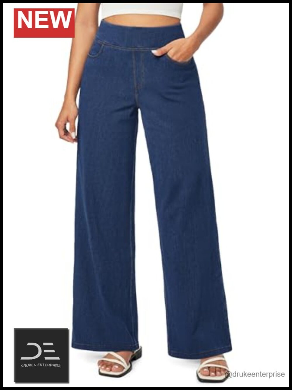 Wide Leg High Waisted Pull On Stretchy Jeans with Pockets